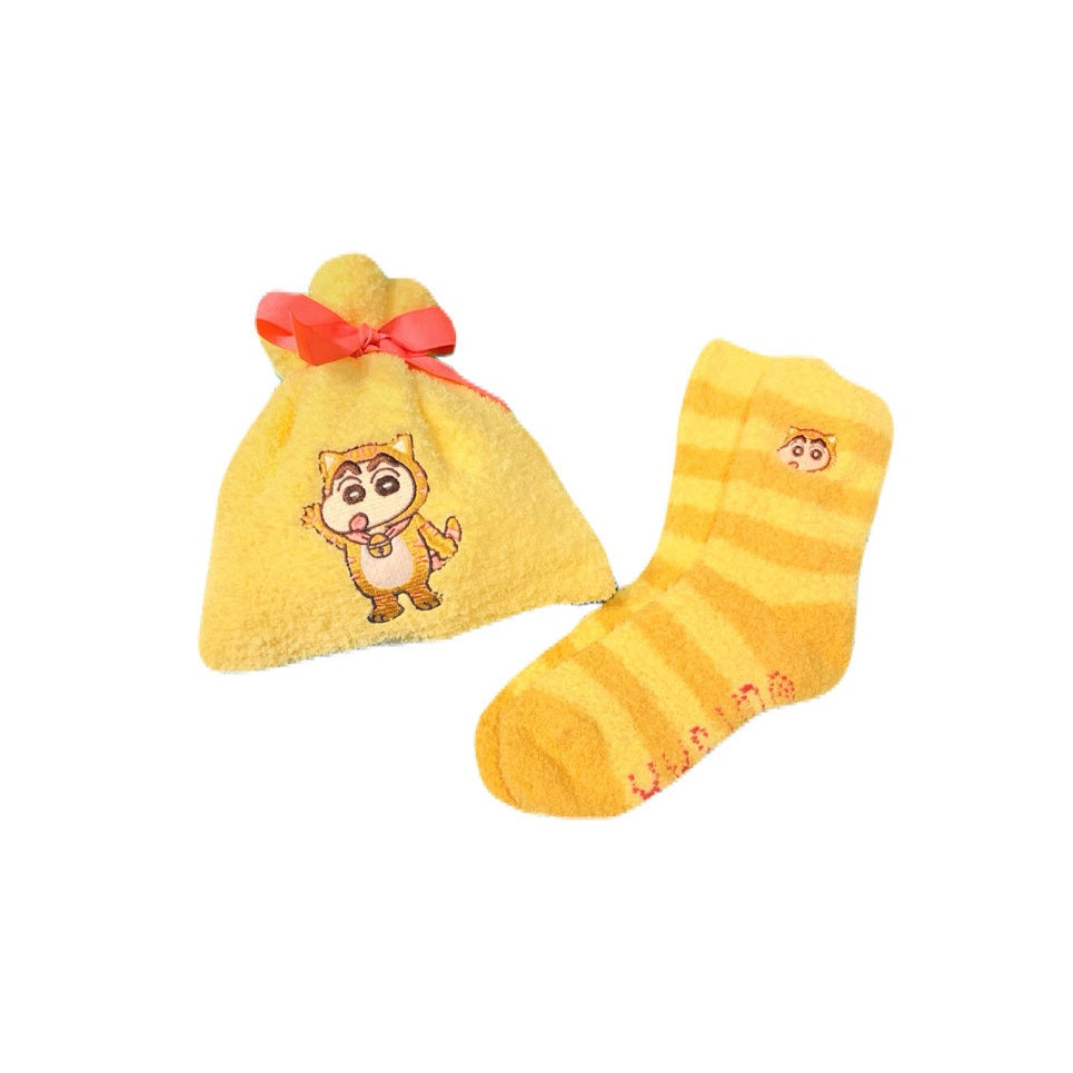 モコモコ靴下in巾着 ねこ/パンダ/シロのしんのすけ