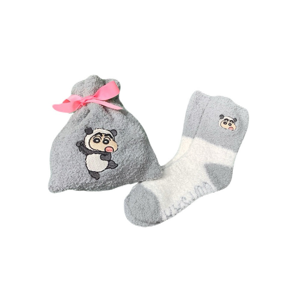 モコモコ靴下in巾着 ねこ/パンダ/シロのしんのすけ
