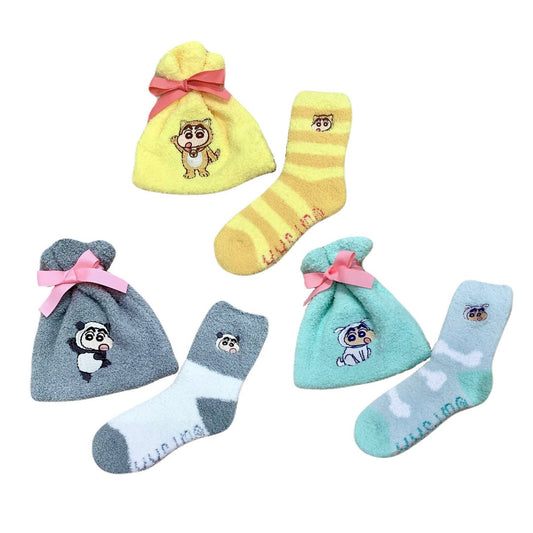 モコモコ靴下in巾着 ねこ／パンダ／シロのしんのすけ